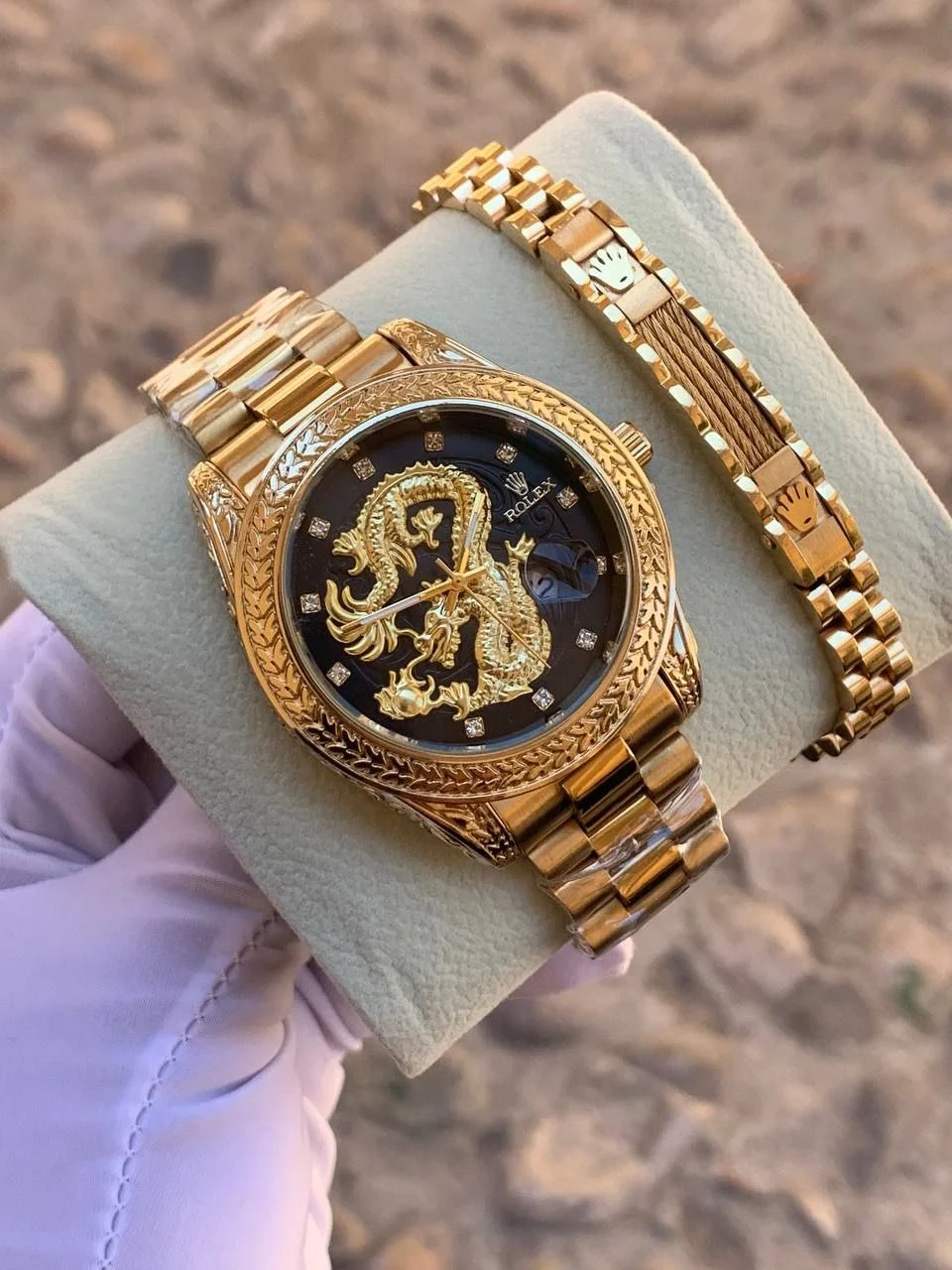 ساعت رولکس مردانه طرح اژدها Rolex Dragon کد 5001 (طلایی صفحه مشکی)