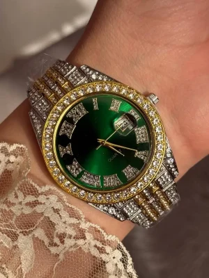 ساعت مچی فول نگین (دورنگ صفحه سبز) کد 5202